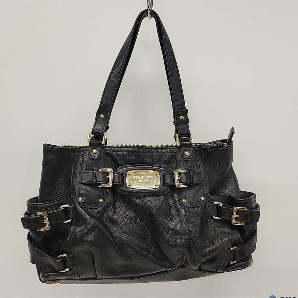 Michael Kors Black and Gold Shoulder Bag with Pleated Design